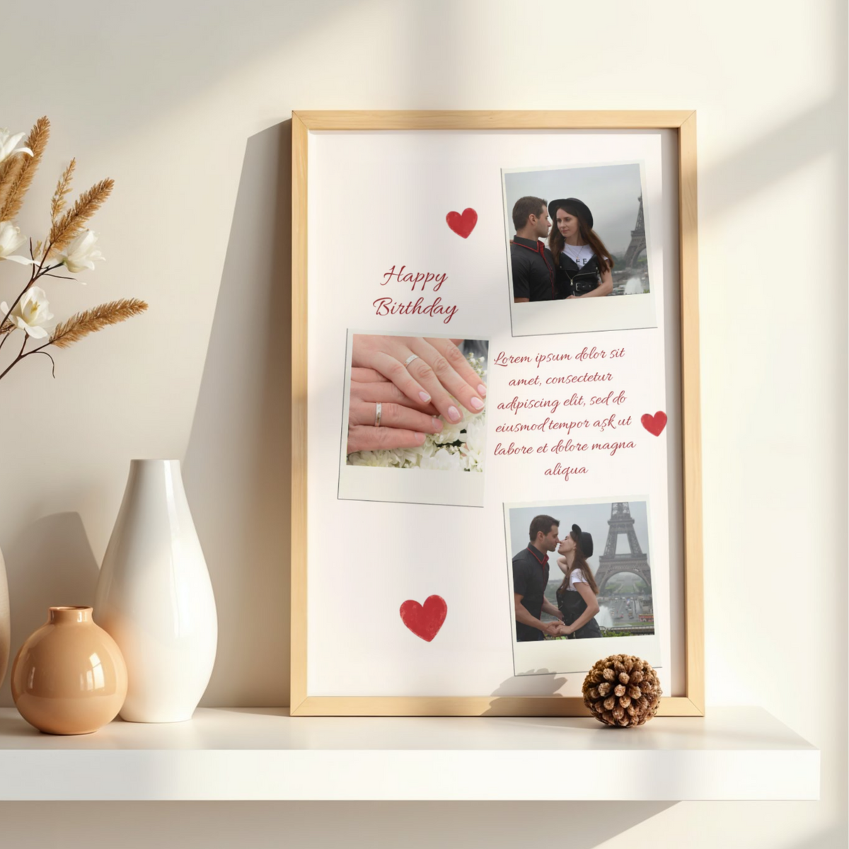 Kişiye Özel 3 Fotoğraflı Doğum Günü Kolaj Çerçeve – Romantik Mesajlı "Happy Birthday" Tablosu