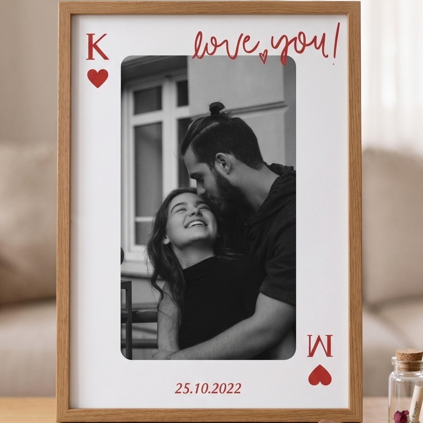 Kişiye Özel İskambil Kağıdı Tasarımlı Ahşap Çerçeveli Tablo - Sevgiliye Romantik Yıldönümü ve Doğum Günü Hediyesi